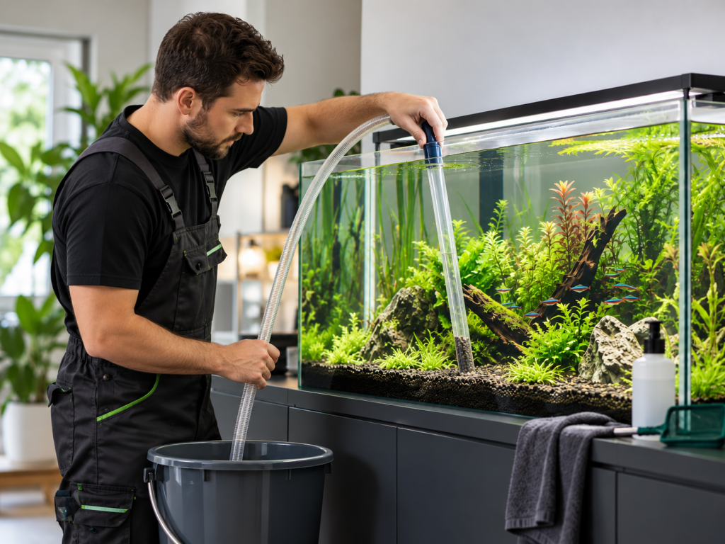 Technicien effectuant l'entretien d'un aquarium planté avec un siphon